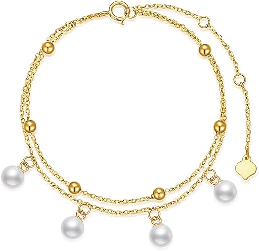 14kt Solid Gold Bracelet for Women, Yellow Gold Freshwater Cultured Dangle Pearl Bracelet with Double Chain Jewelry Gift for Her, Mom Wife 8"